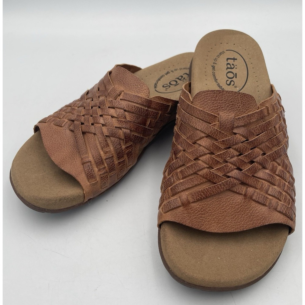 Taos Women's Guru Leather Woven Slide Comfort Sandal Flats Honey Brown Size:6